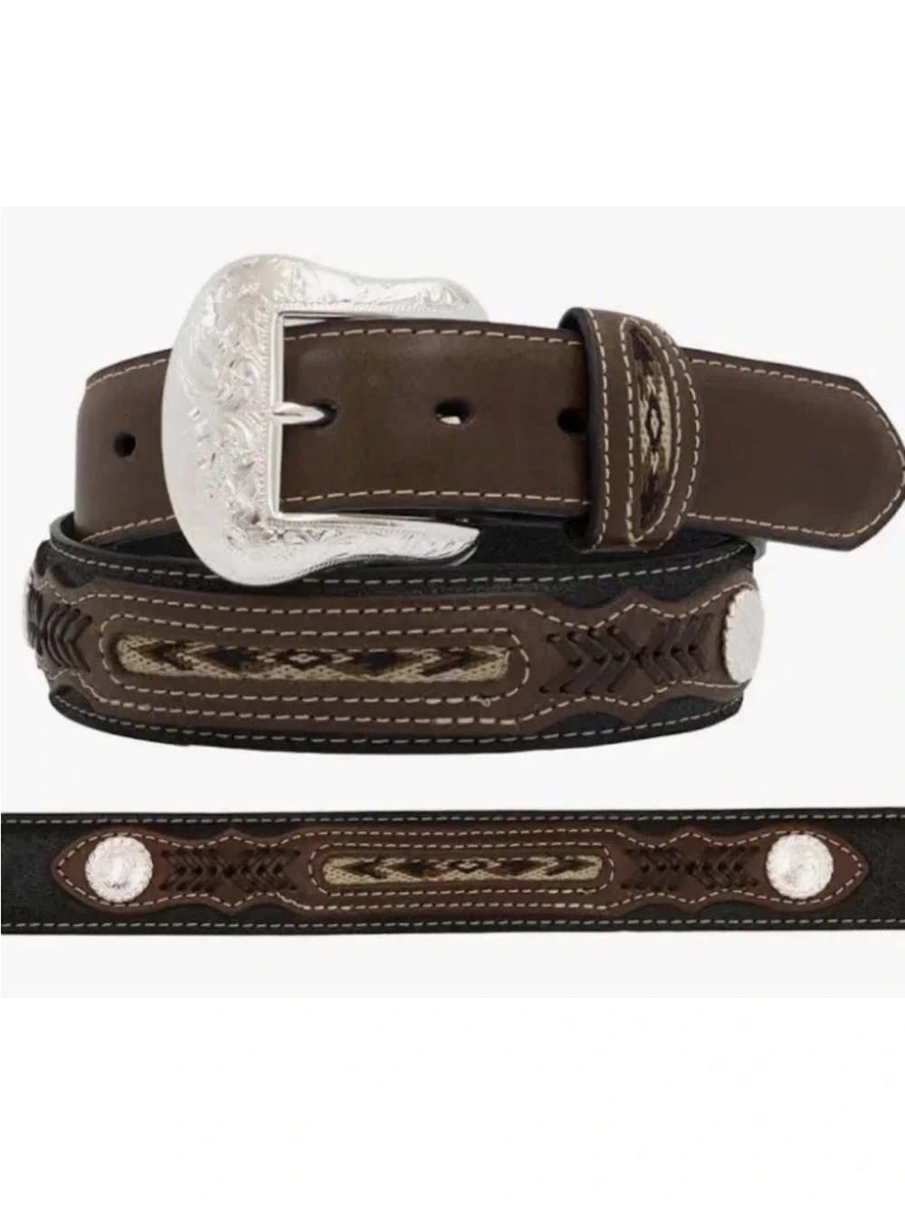 Nocona Western Men Belt Sz 42 Southwest Black Brown/Silver Conch is-N2475701